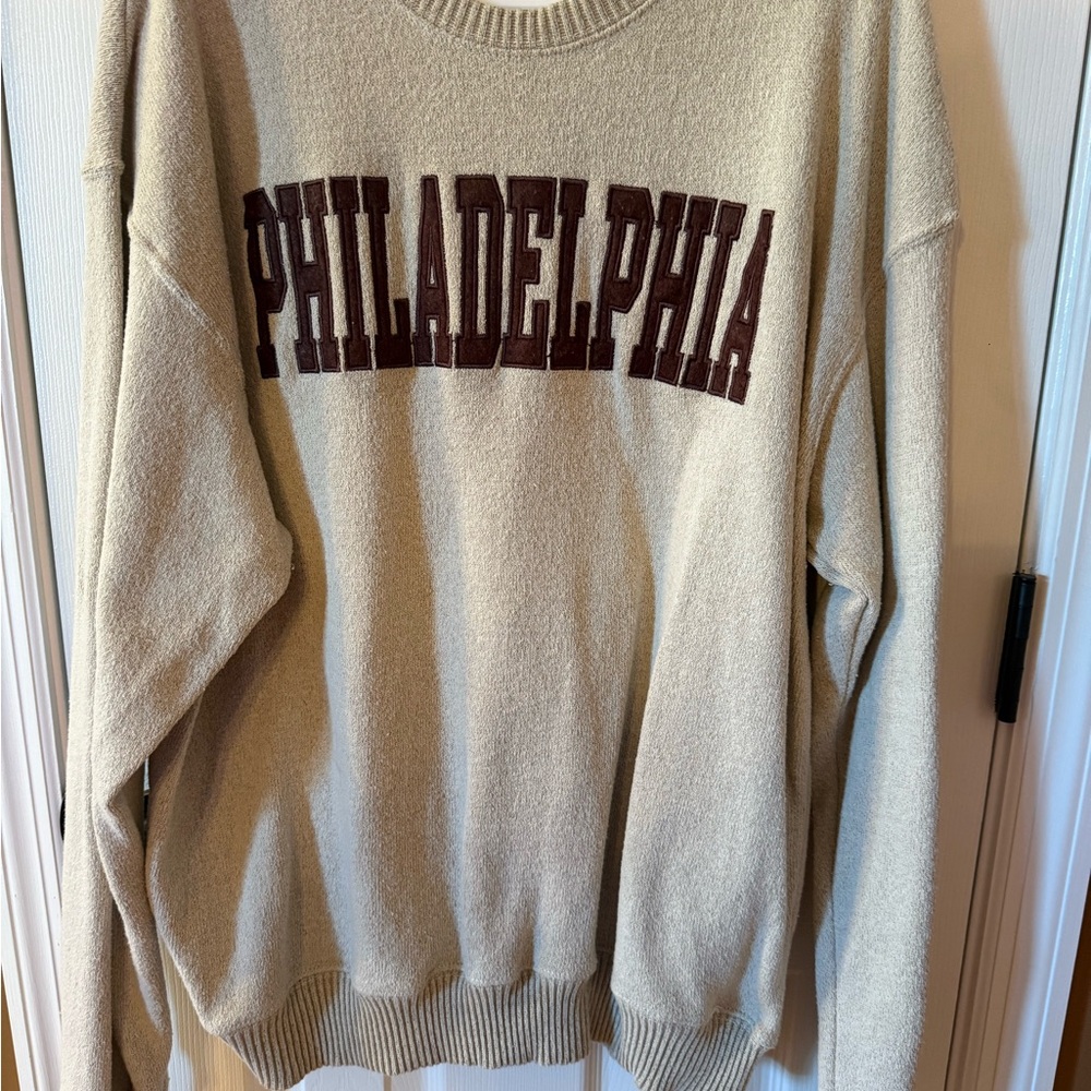 Philadelphia Beige Crew Neck Sweater w/Stitched Lettering